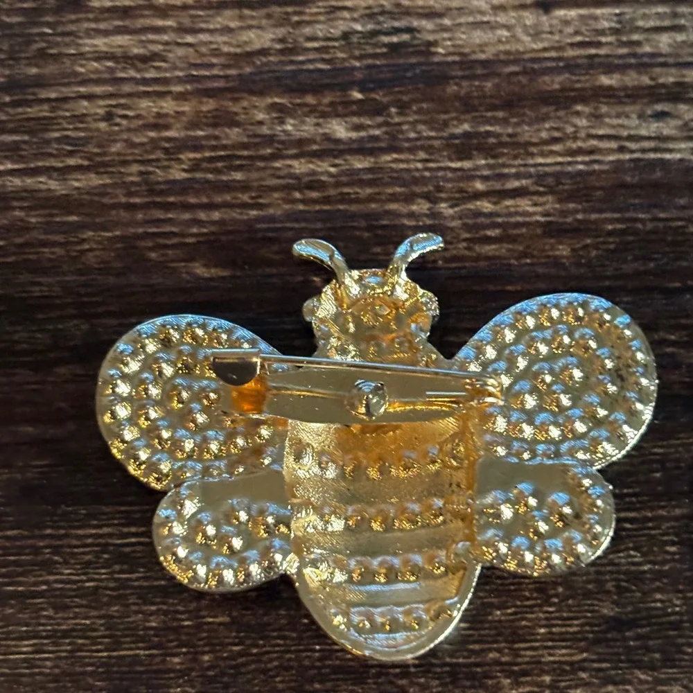 Gold Tone Pink Rhinestone Bumblebee Brooch Crystal Insect Black Enamel Stripe